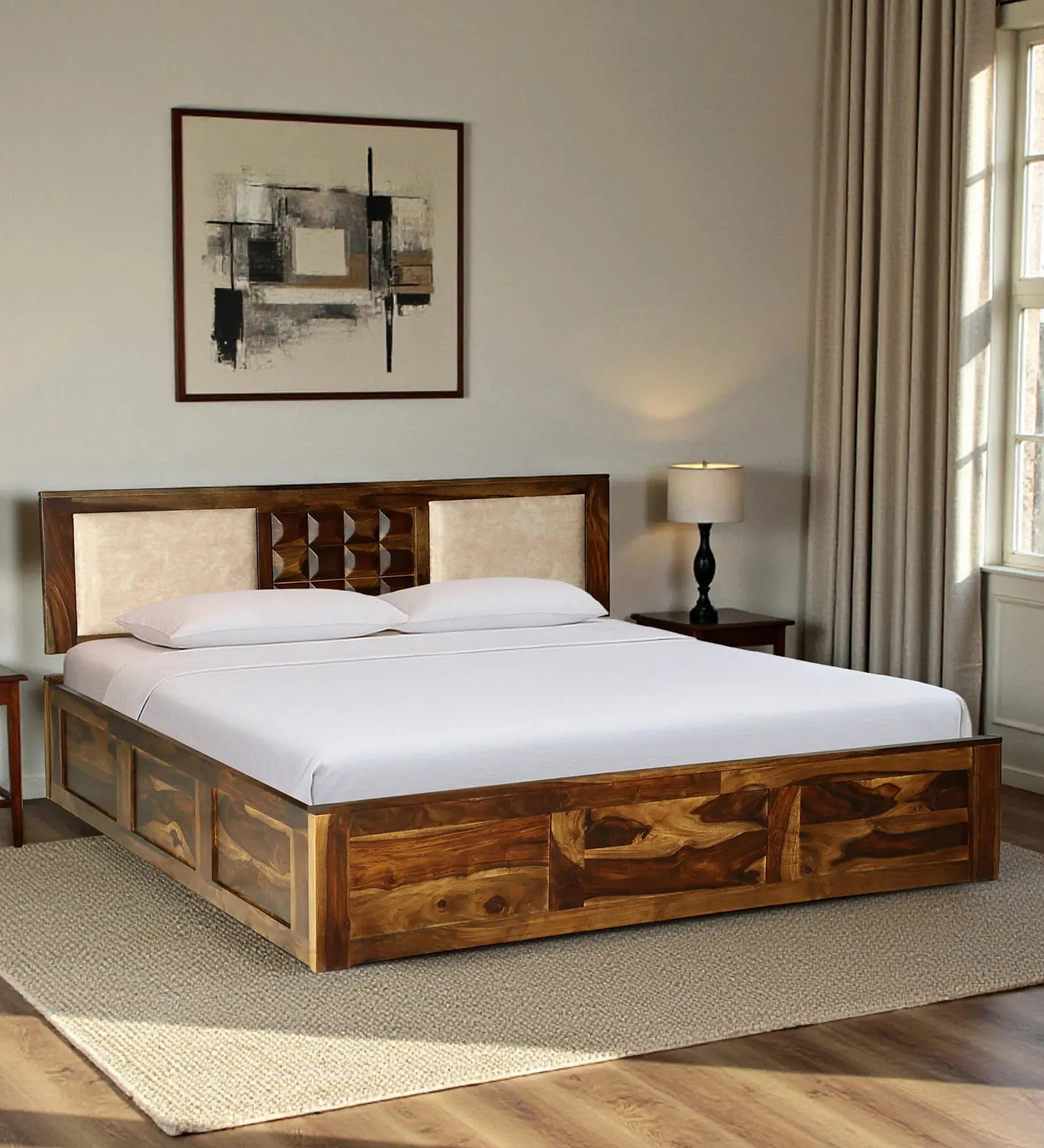tejas sheesham wood queen size storage bed front angle view wooden bed india