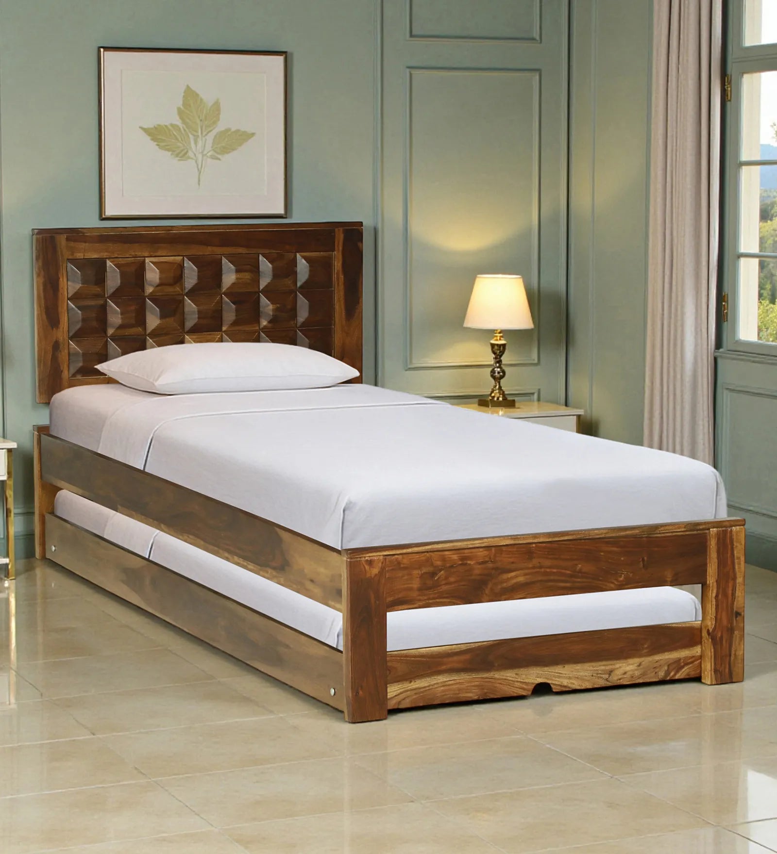 tejas sheesham wood single bed with trundle front view pull out bed modern wooden design