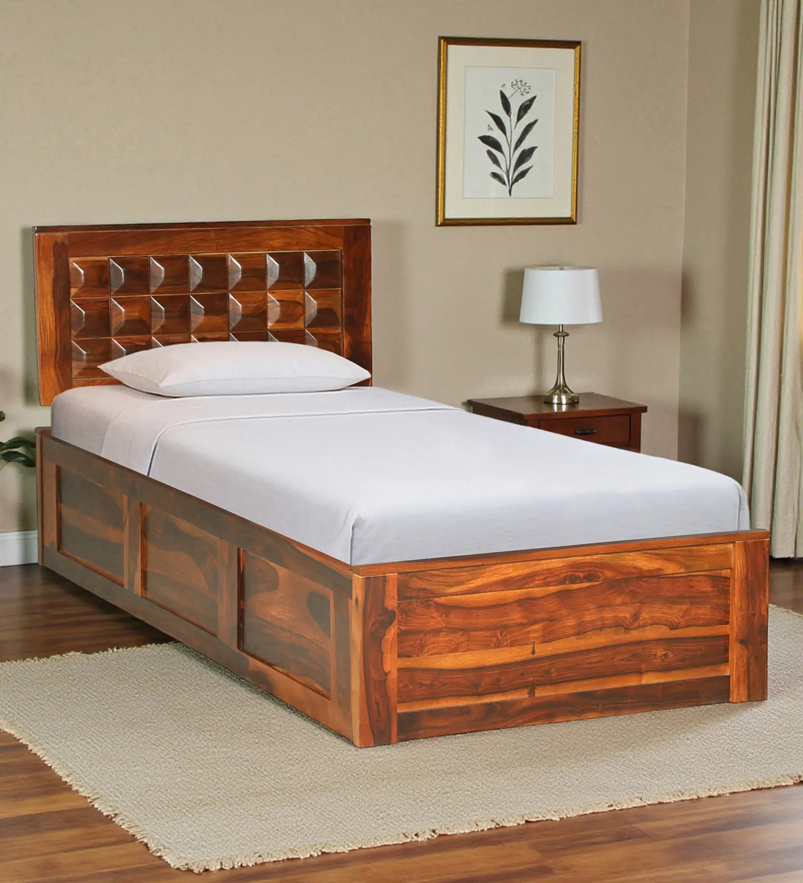 tejas solid sheesham wood single bed with storage front view modern wooden bed design