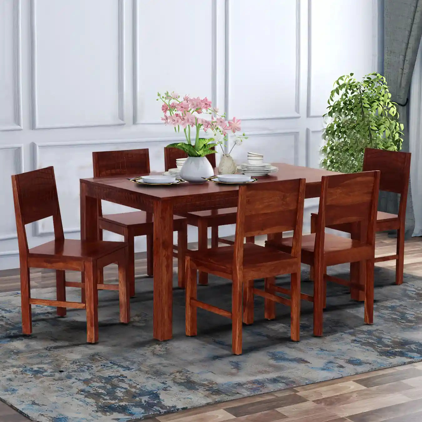 Traditional sheesham wood six-seater dining table set Harmonia design strong and durable furniture