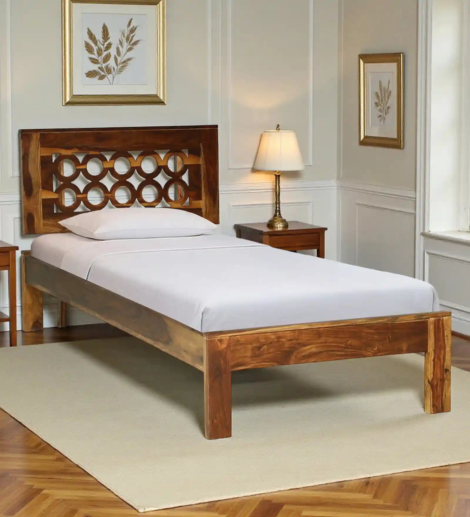 Vainika sheesham wood single bed without storage modern solid wood bed India