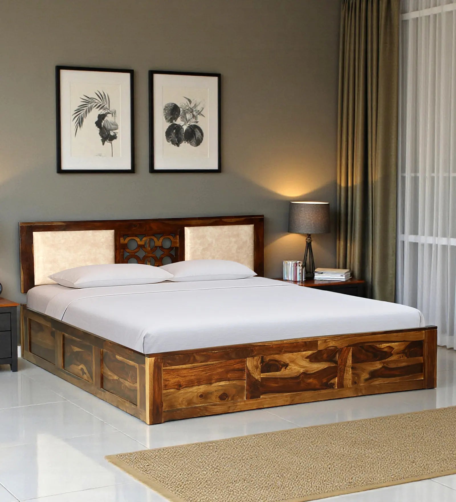 Vainika solid wood king size bed with box storage
