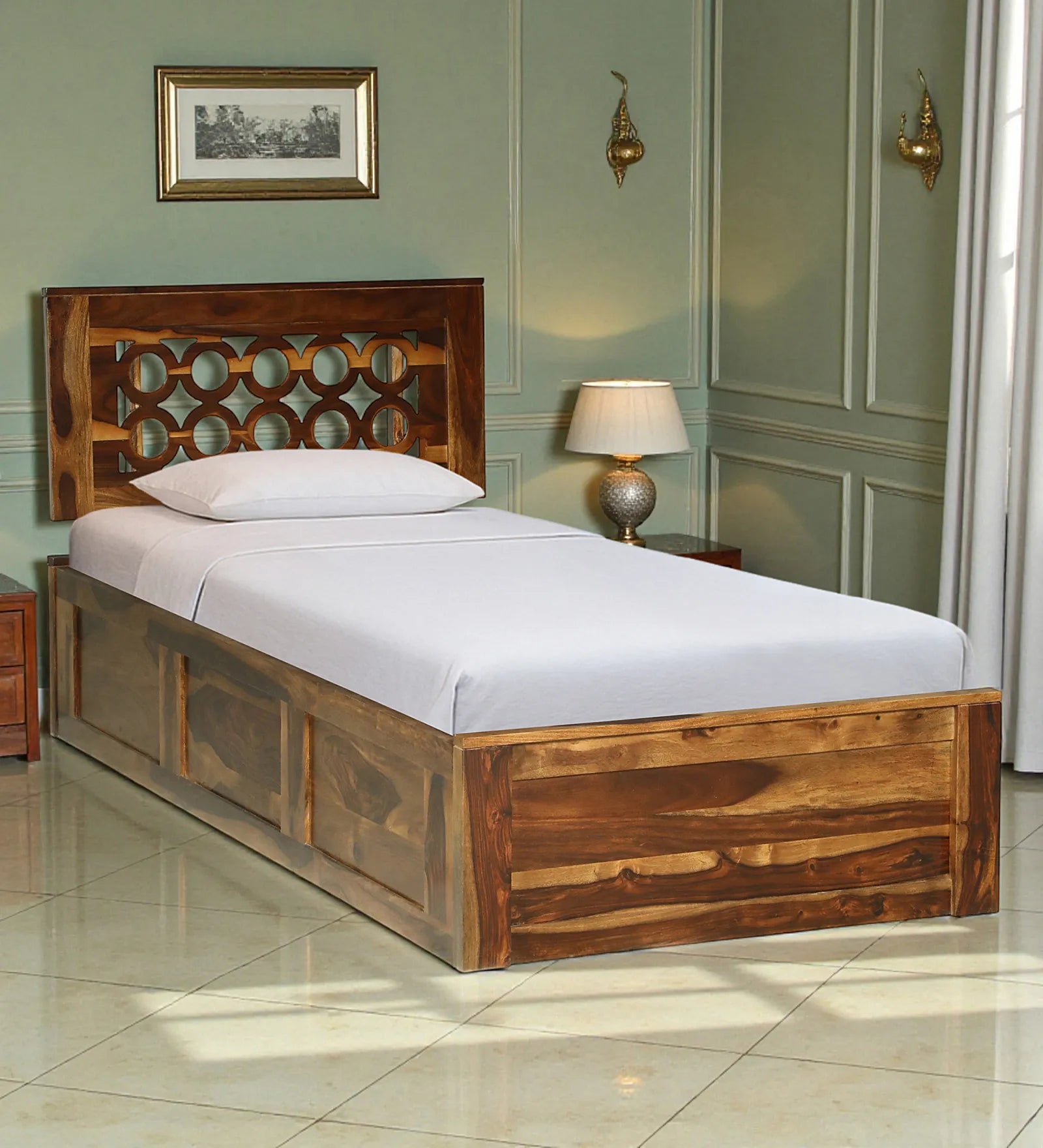 Vainika solid wood single bed with storage modern wooden bed India
