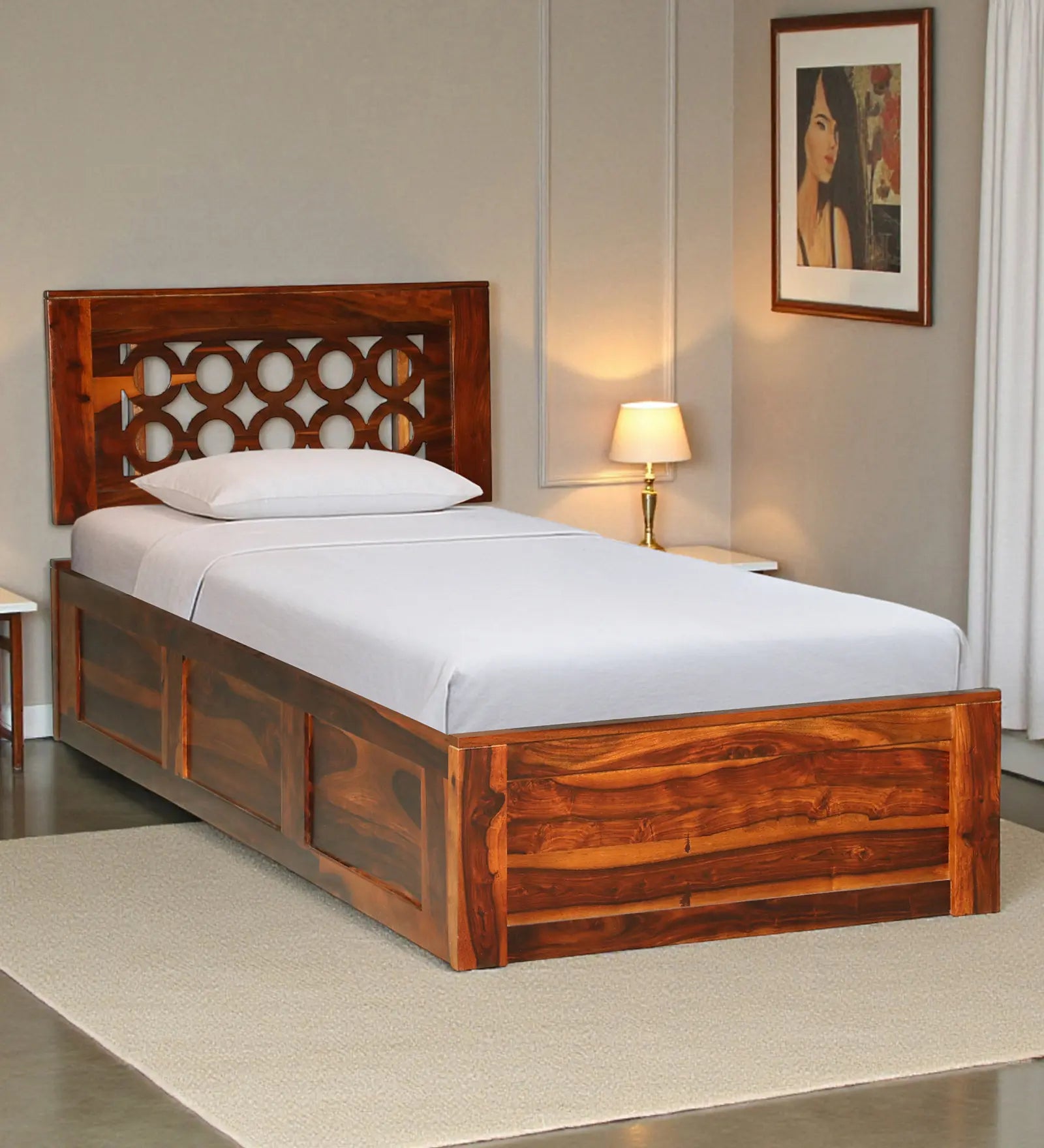 Vainika solid wood single bed with storage modern wooden bed India