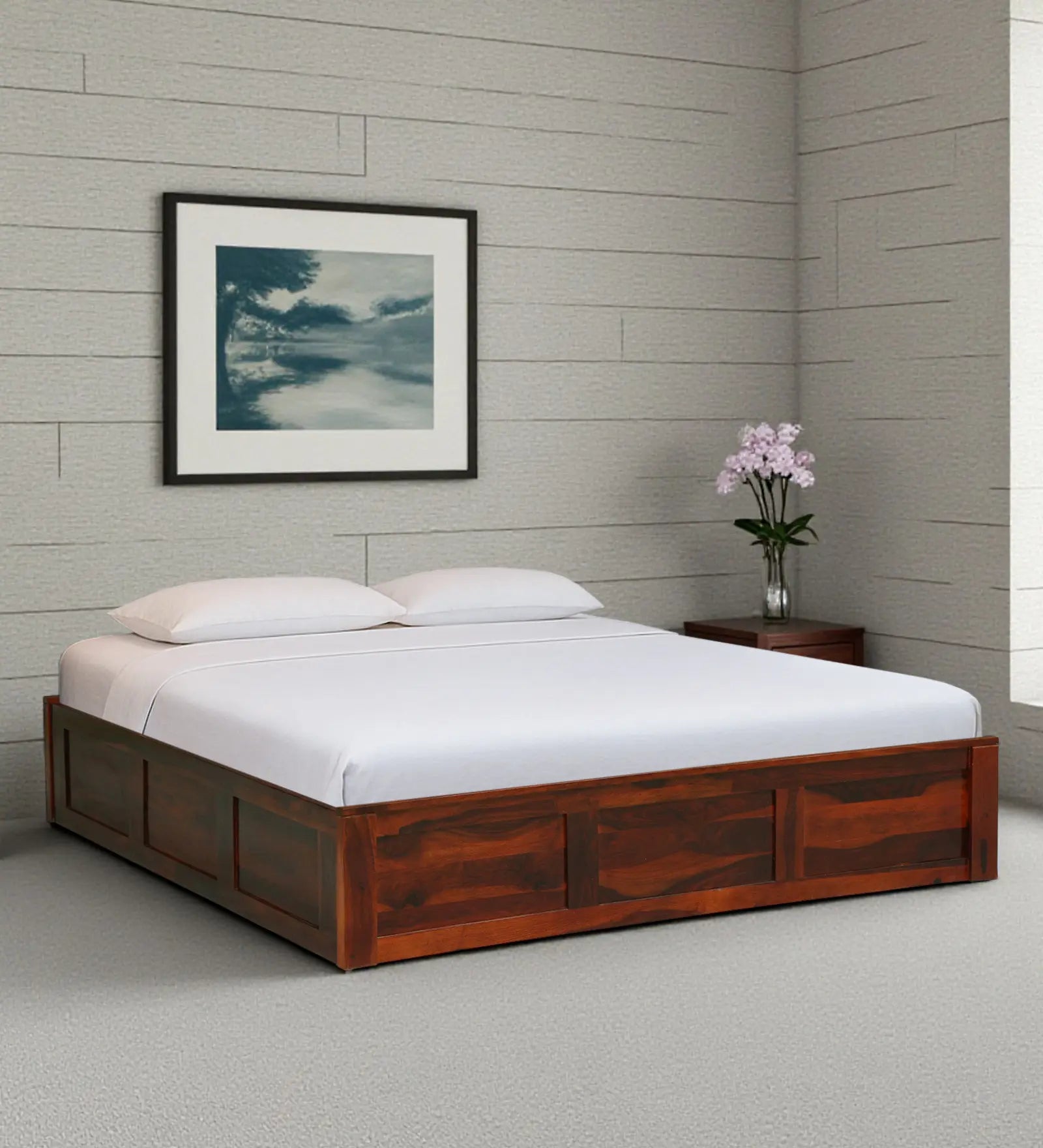 Vriksha solid sheesham wood queen size bed with hydraulic storage