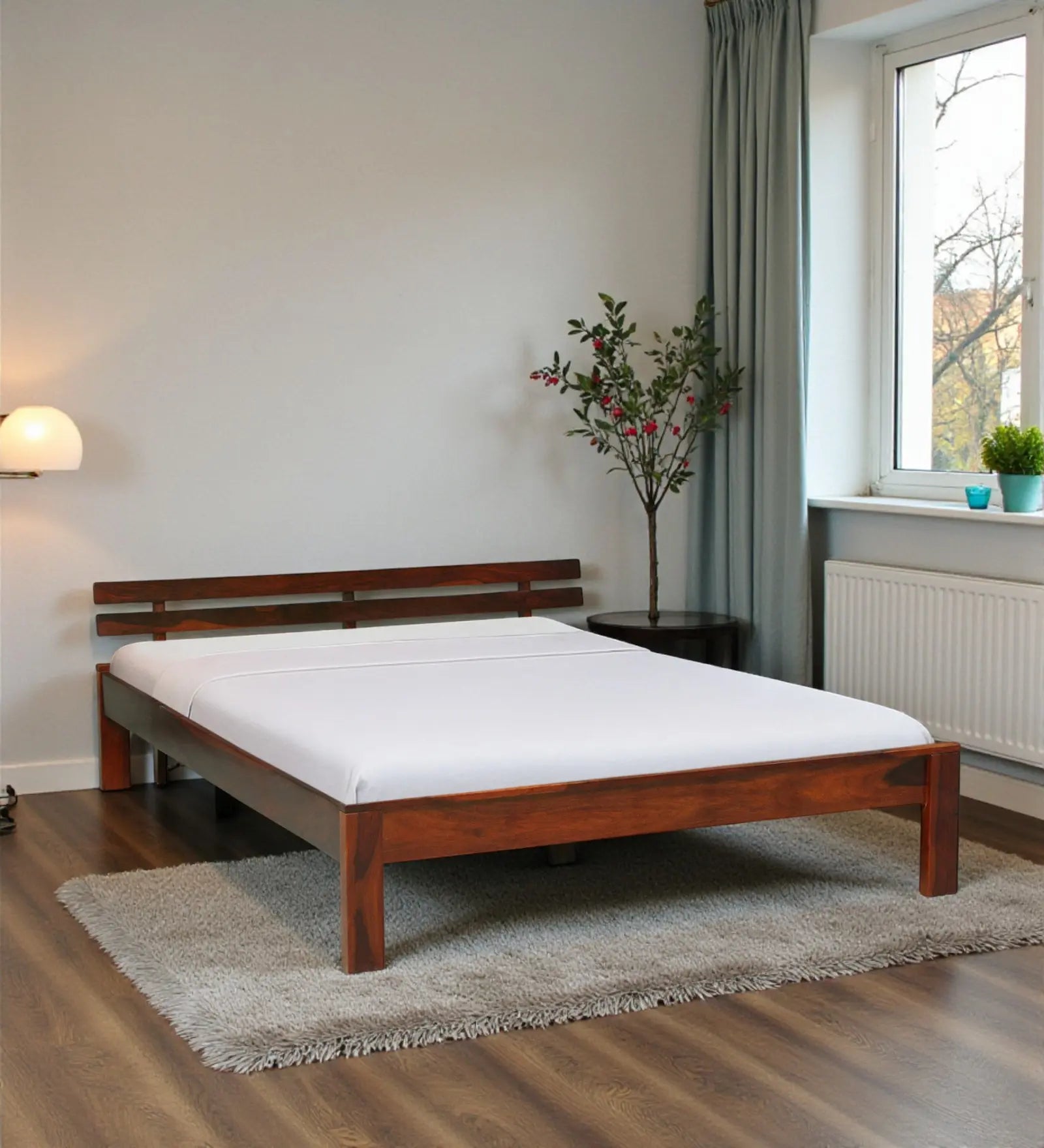 vriksha solid wood queen size bed without storage front view teak finish sheesham wood design