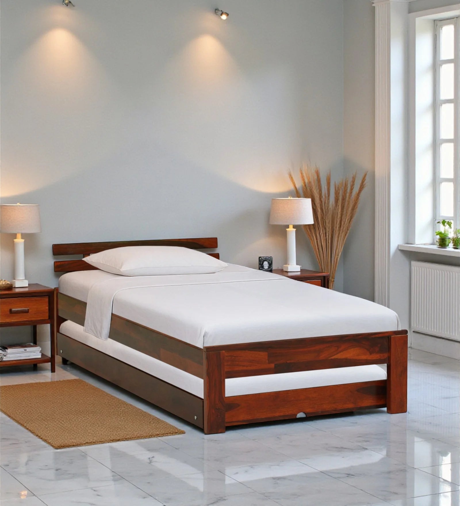 Vriksha solid wood single bed with trundle modern pull out bed India