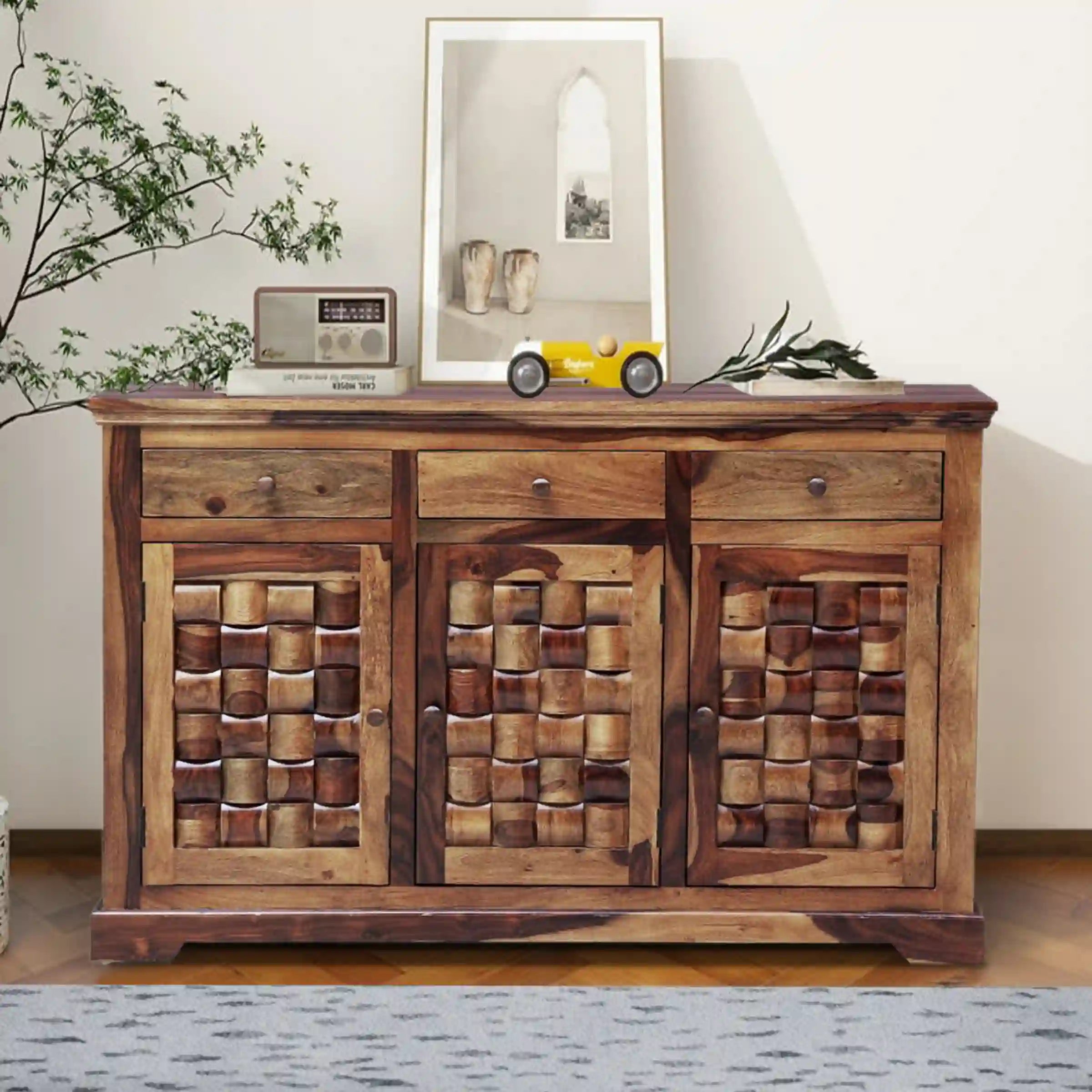 Walnut finish sheesham sideboard solid wood storage cabinet