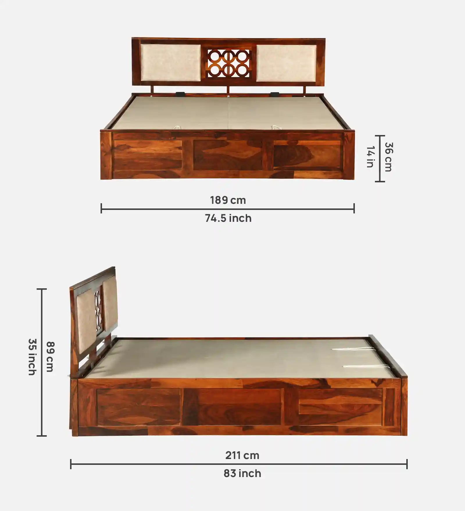 walnut tone sheesham wood hydraulic storage bed king size furniture india