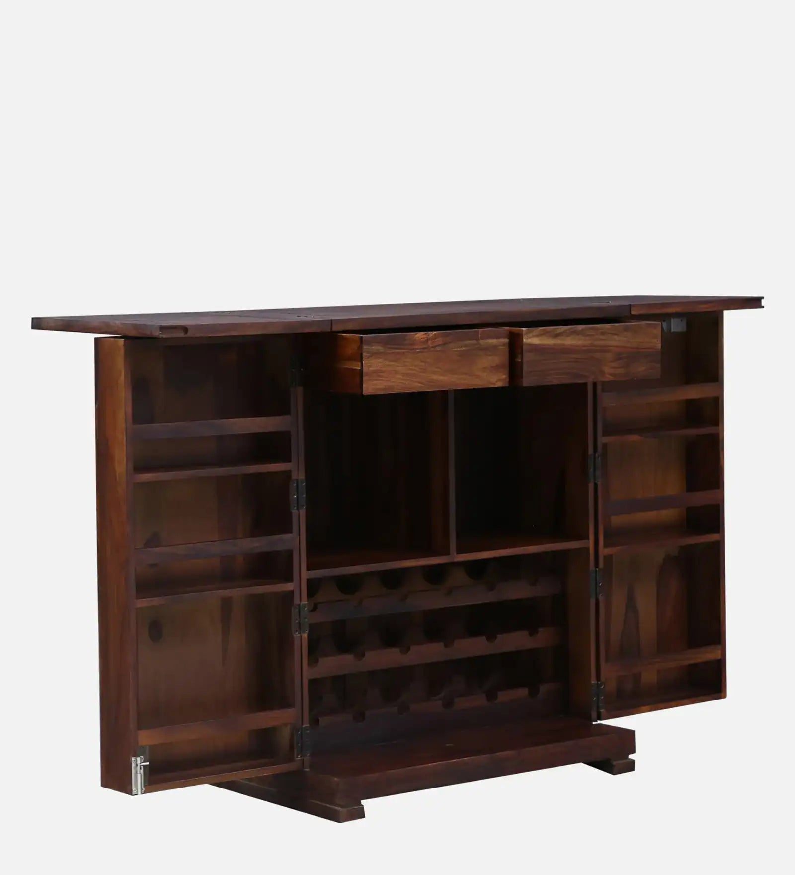 Wooden bar cabinet with bottle rack in solid wood for organized home bar setup