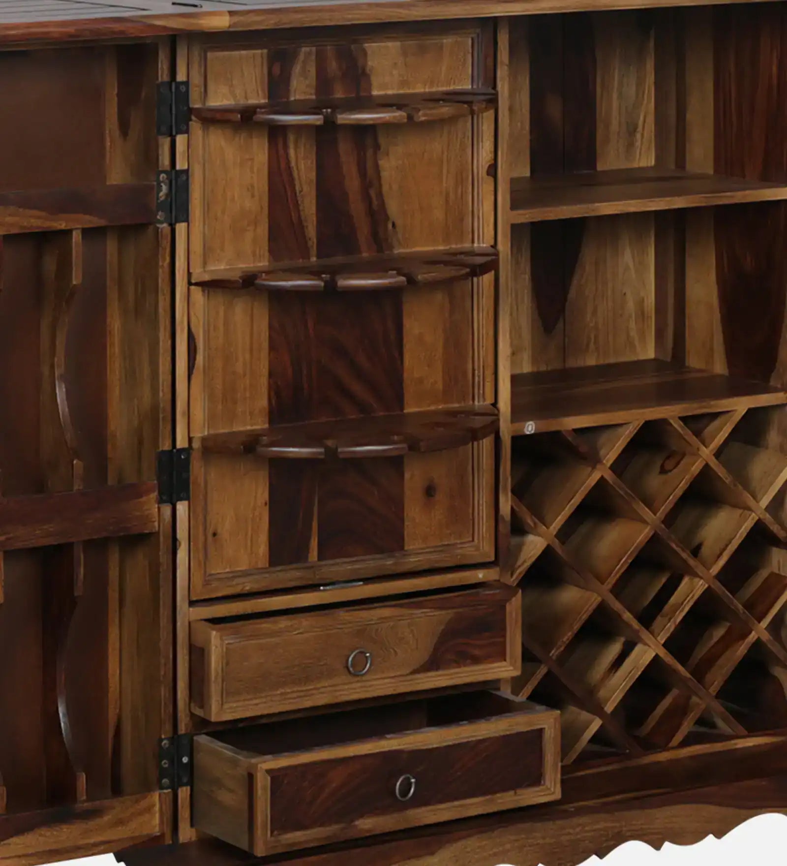Wooden bar cabinet with storage in solid wood for wine and liquor organization