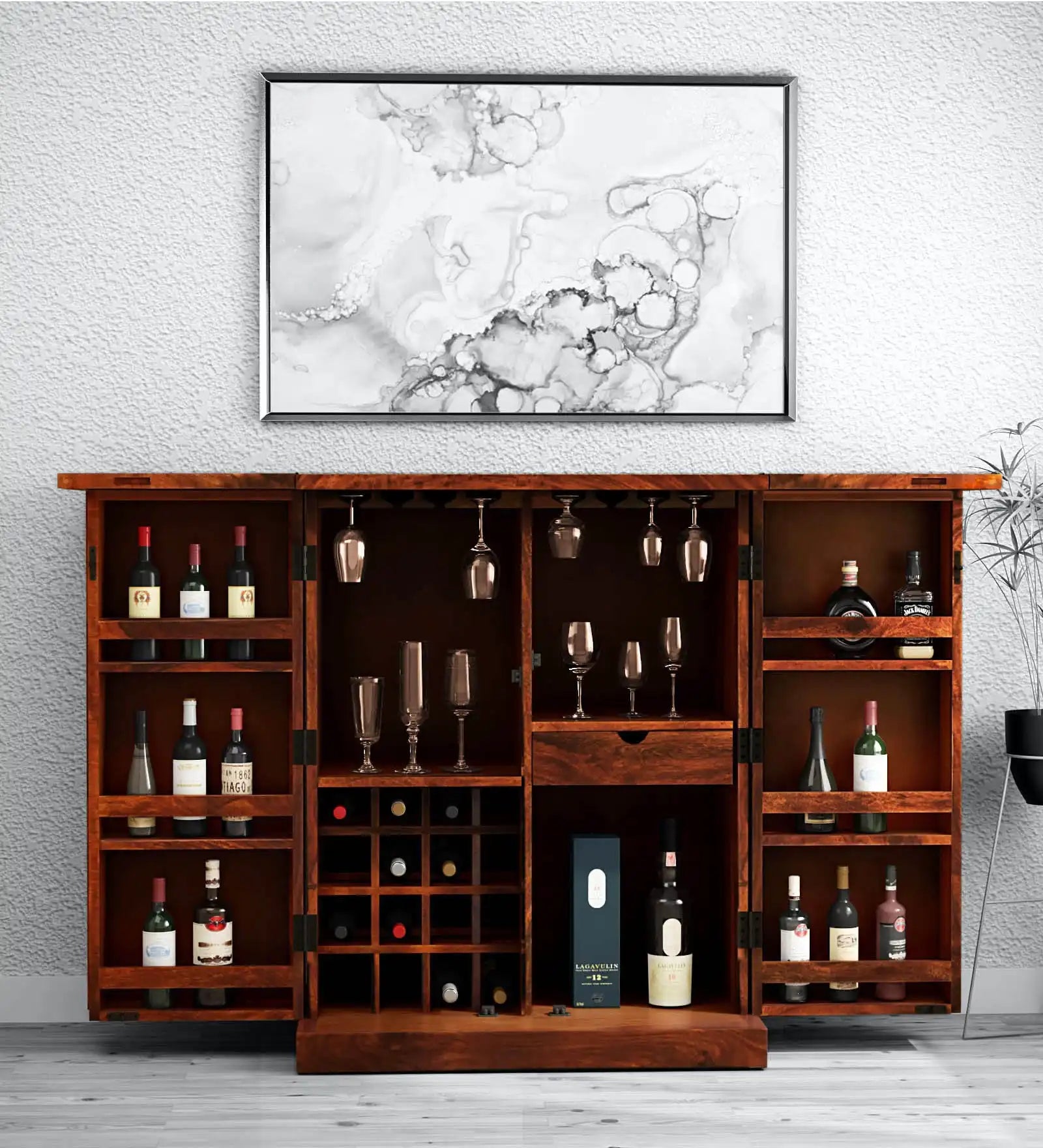 Wooden bar storage unit with compartments in solid wood for organized storage