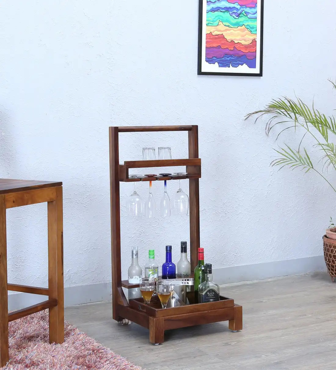 Wooden bar trolley with wheels in solid wood for serving drinks and storage