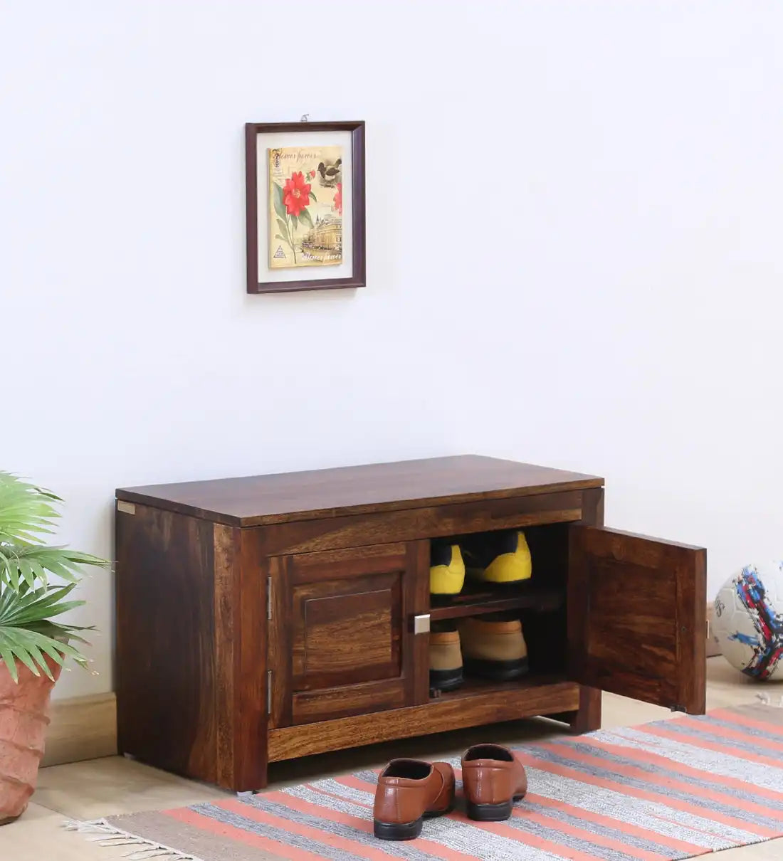 Wooden shoe rack cabinet with doors in solid wood for organized footwear storage in India