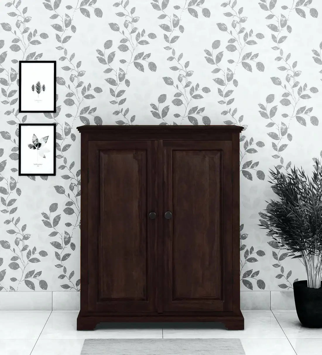 Wooden shoe rack with doors in solid wood for organized footwear storage in Indian homes