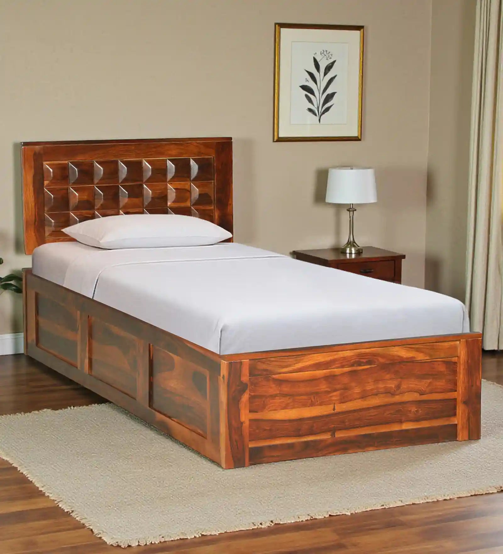 Tejas Solid Sheesham Wood Single Bed With Storage