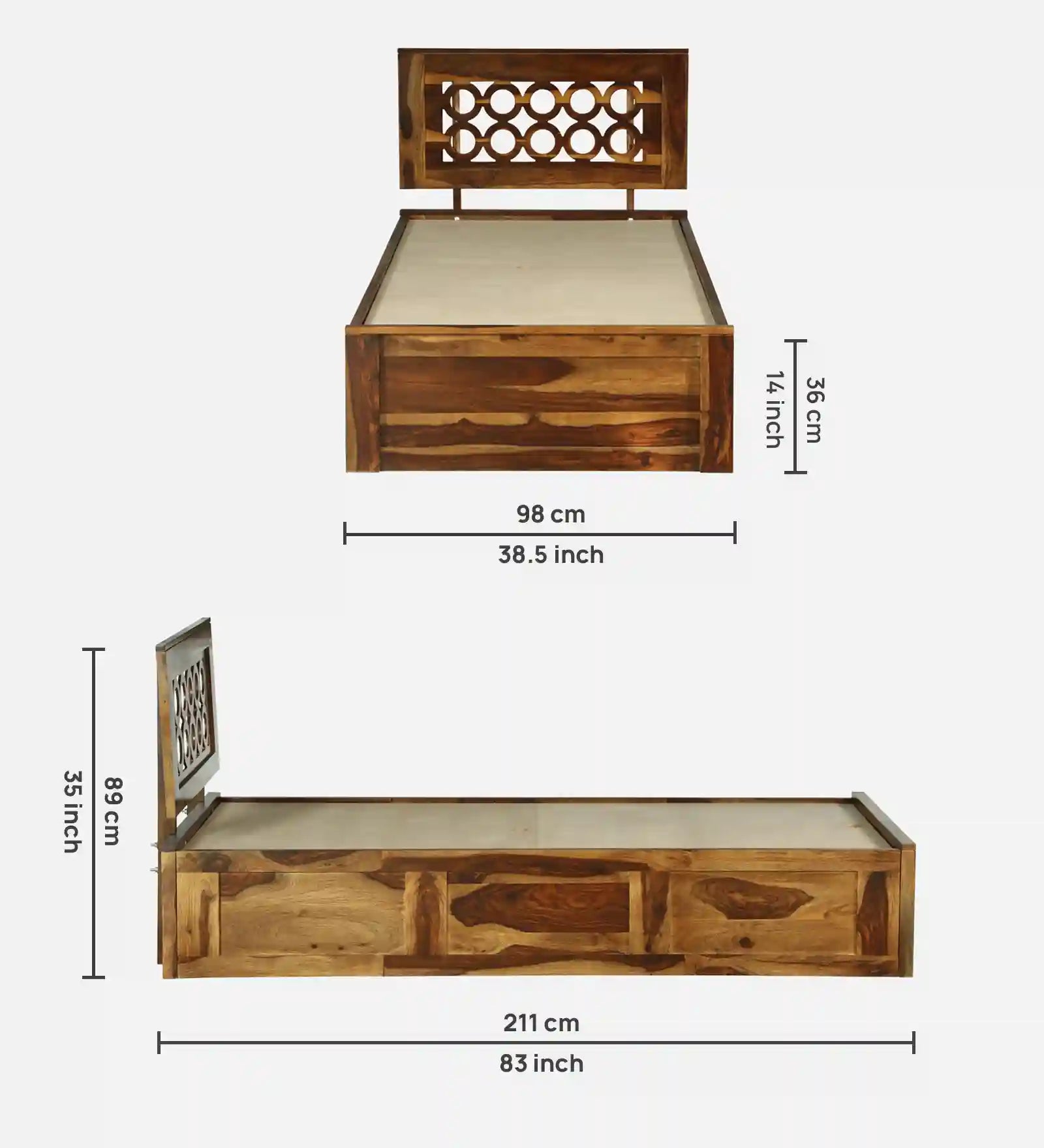 Wooden single bed with storage Vainika solid wood furniture India