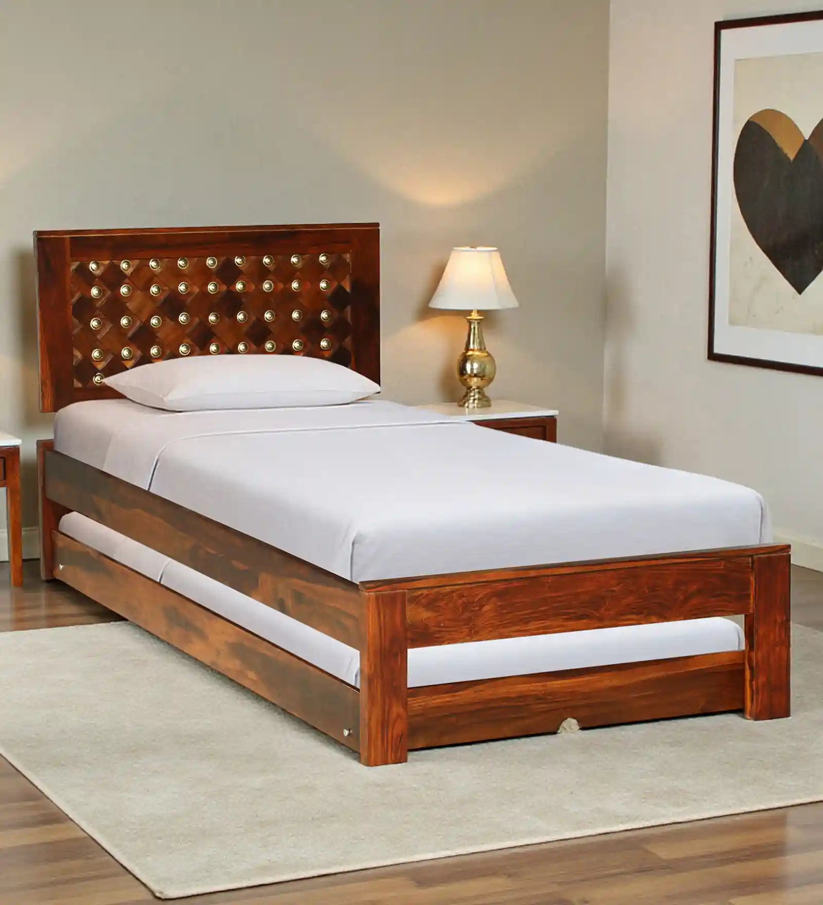 Bakhra Sheesham Wood Single Bed With Trundle