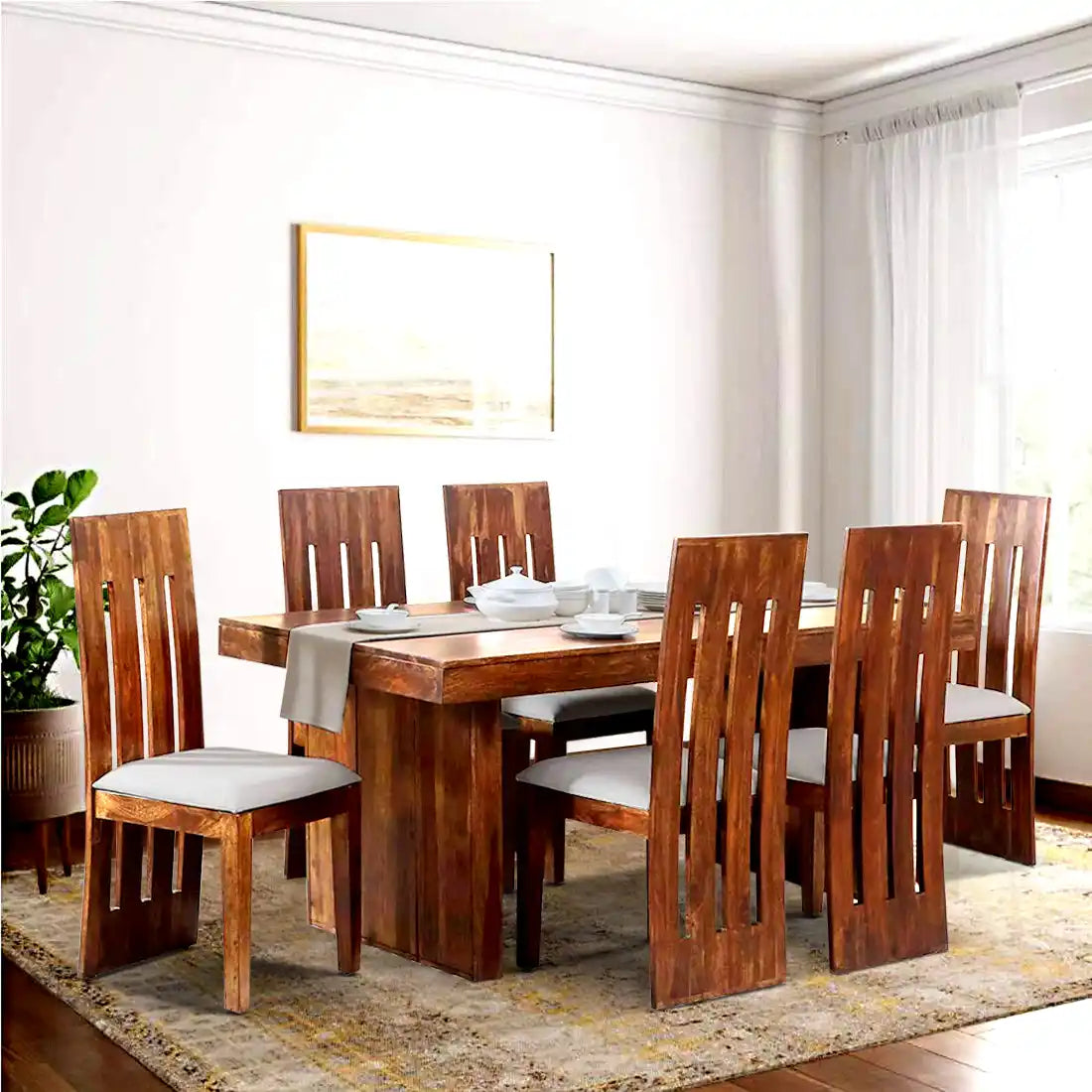 Wooden six-seater dining set Poster solid wood furniture for long lasting home use