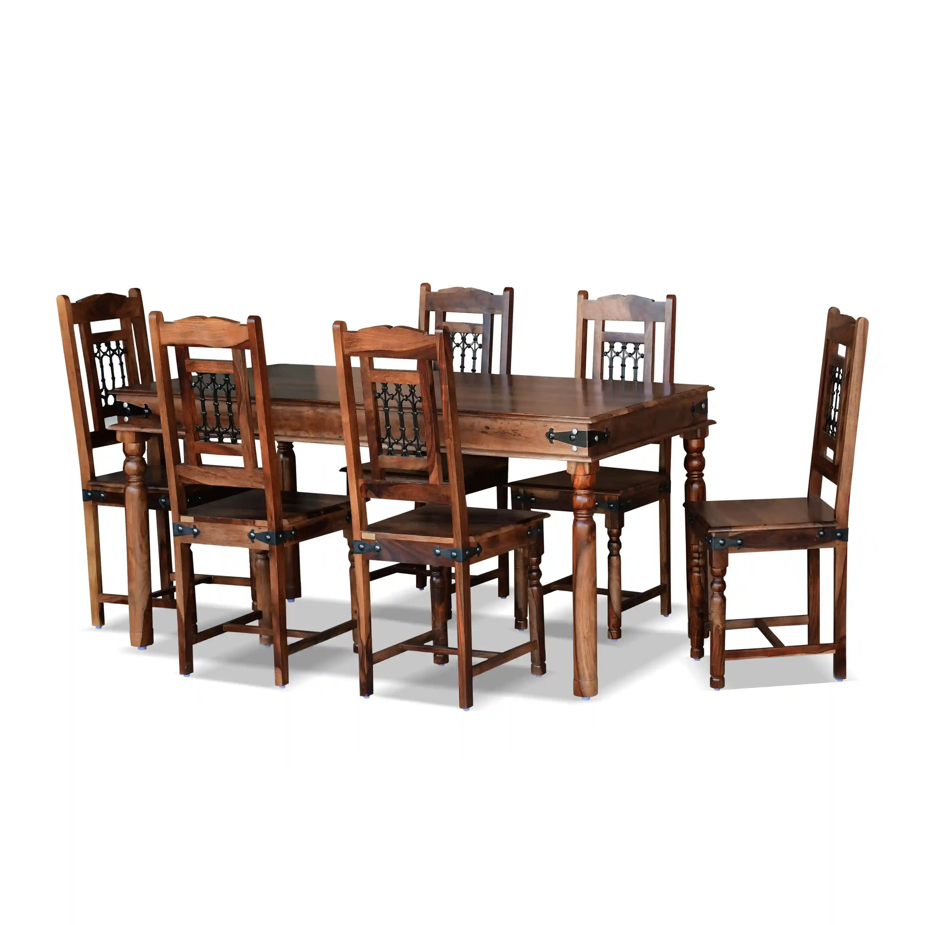 Wooden six-seater dining table set made from sheesham wood Haveli style traditional furniture