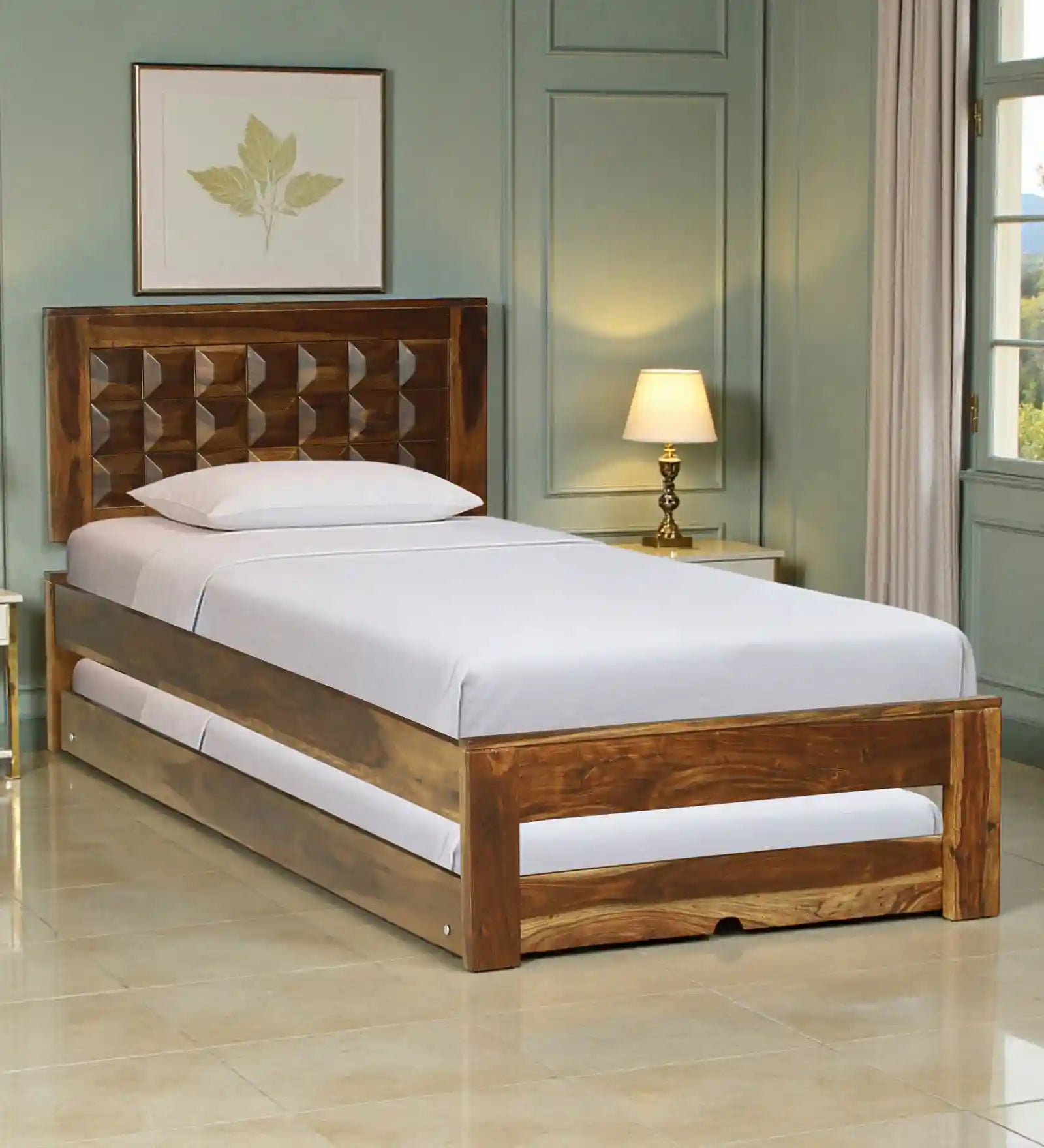 Tejas Sheesham Wood Single Bed With Trundle
