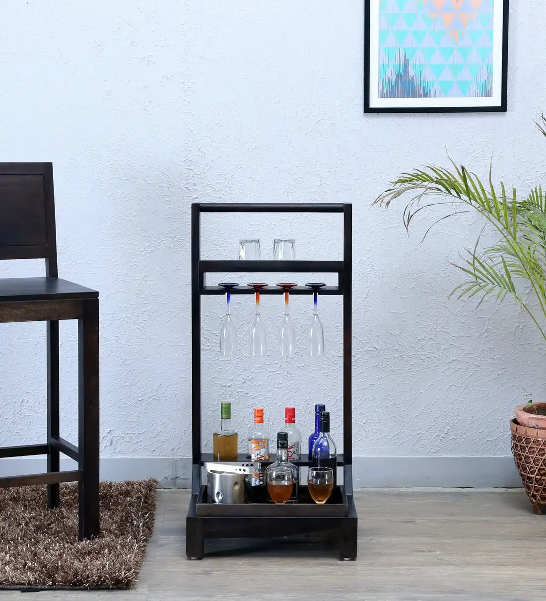 Wooden wine trolley in solid wood bar unit for modern home decor