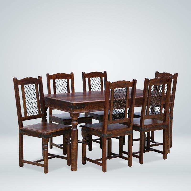 Arjuna Solid Wood 6 Seater Dining Table with Chairs in Teak Finish