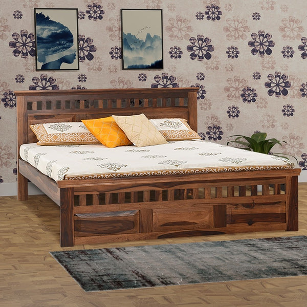 Kuber Solid Wood Double Bed Without Storage For Bedroom In Provincial Teak Finish