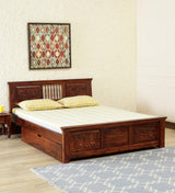 Deventi Solid Wood King Size Bed with Drawer Storage in Honey Oak Finish