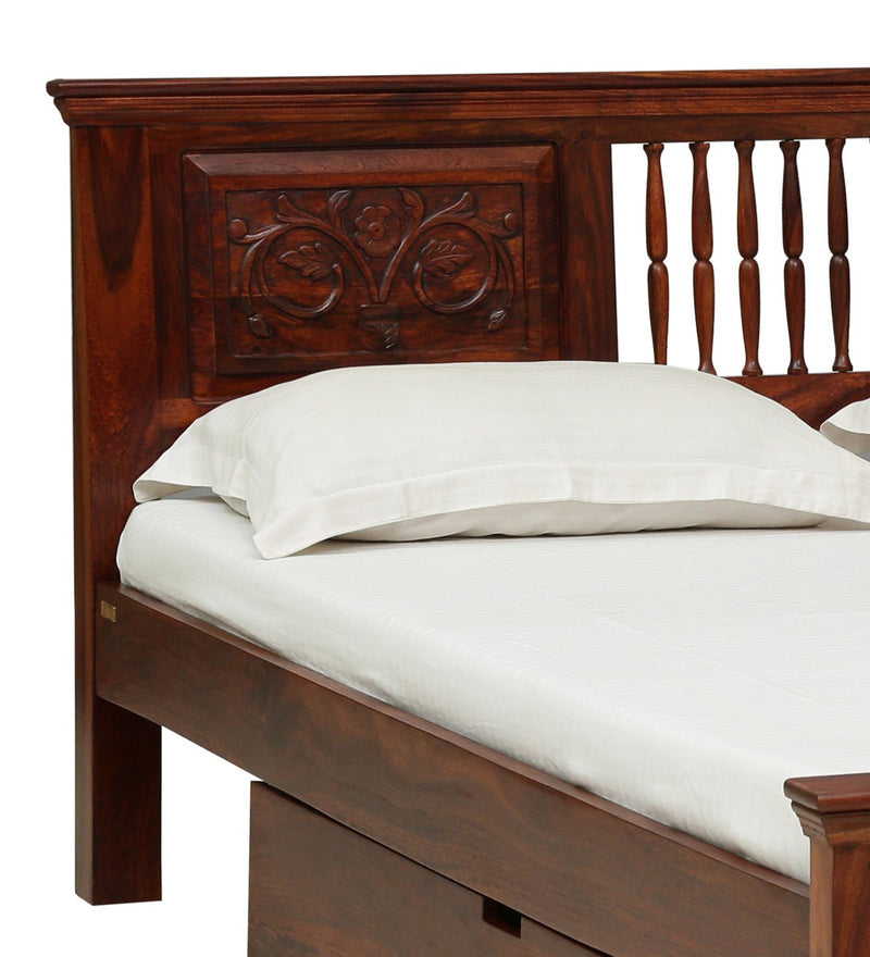 Deventi Solid Wood King Size Bed with Drawer Storage in Honey Oak Finish