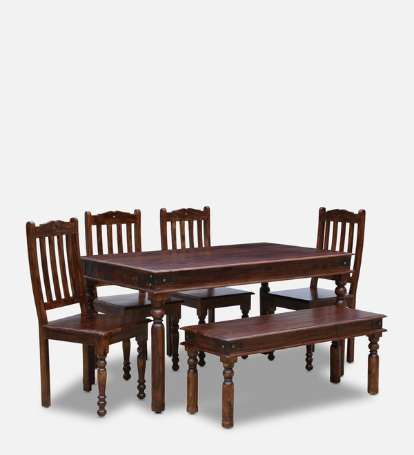 Haveli Solid Wood 6 Seater Dining Set with Bench in Provincial Teak Finish