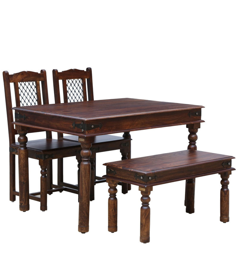 Arjuna Solid Sheesham Wood 4 Seater Dining Set With Bench in Provincial Teak Finish