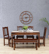 Arjuna Solid Sheesham Wood 6 Seater Dining Set with Bench in Provincial Teak Finish