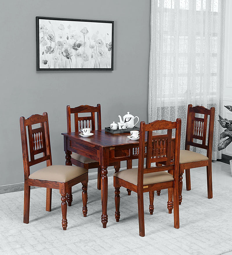 Deventi Wooden 4 Seater Dining Table Set For Home In Honey Oak Finish