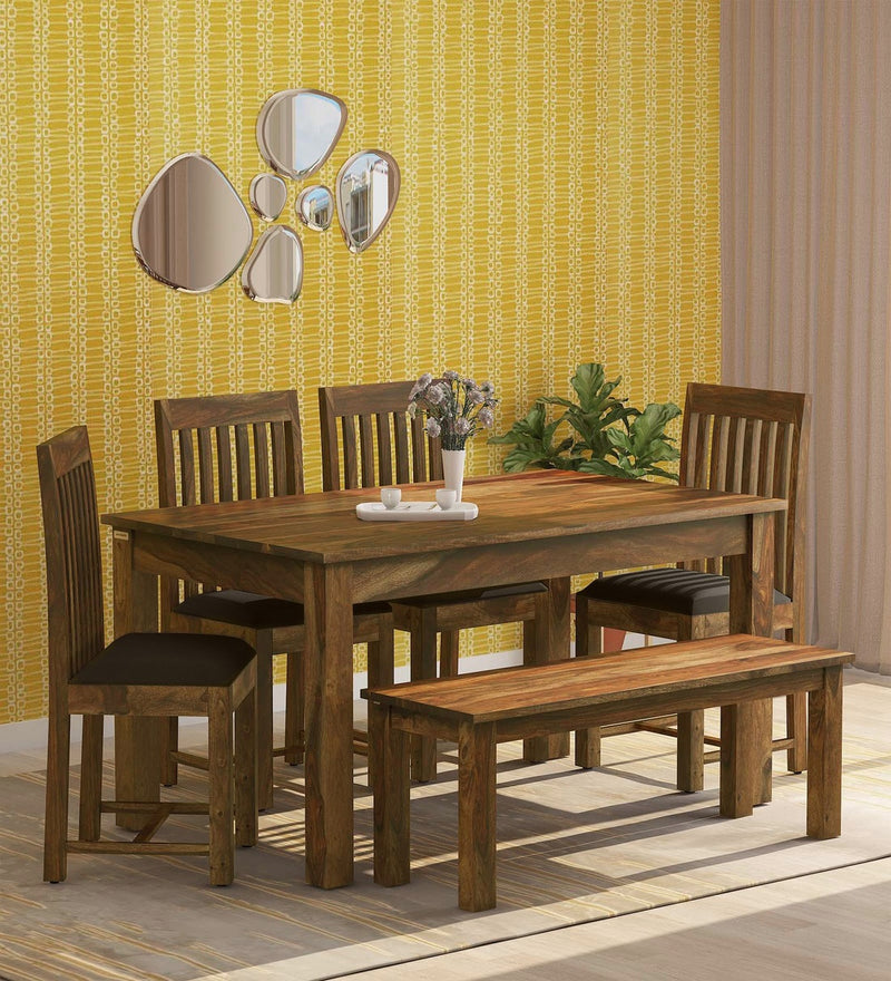 Peter Wooden 6 Seater Dining Set With Bench For Dining Room in Provincial Teak Finish