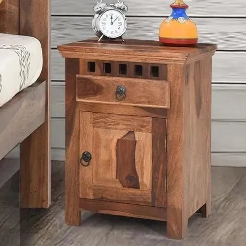 Kuber Solid Wood Bedside Table with Drawers For Bedroom in Provincial Teak Finish - Rajwada Furnish