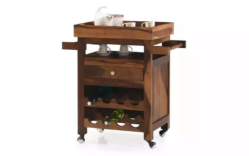 Kuber Solid Wood Bar Trolley For Dining Room In Provincial Teak Finish - Rajwada Furnish