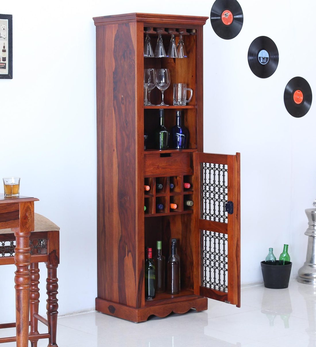 Saffron traditional solid wood bar unit in sheesham wood tall cabinet for home bar storage India