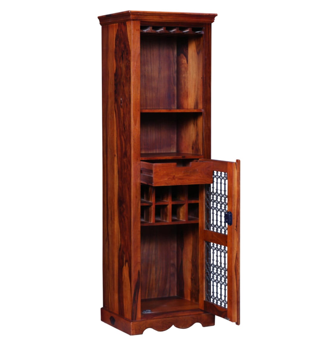 Sheesham wood bar unit tall storage cabinet for bottles and glassware