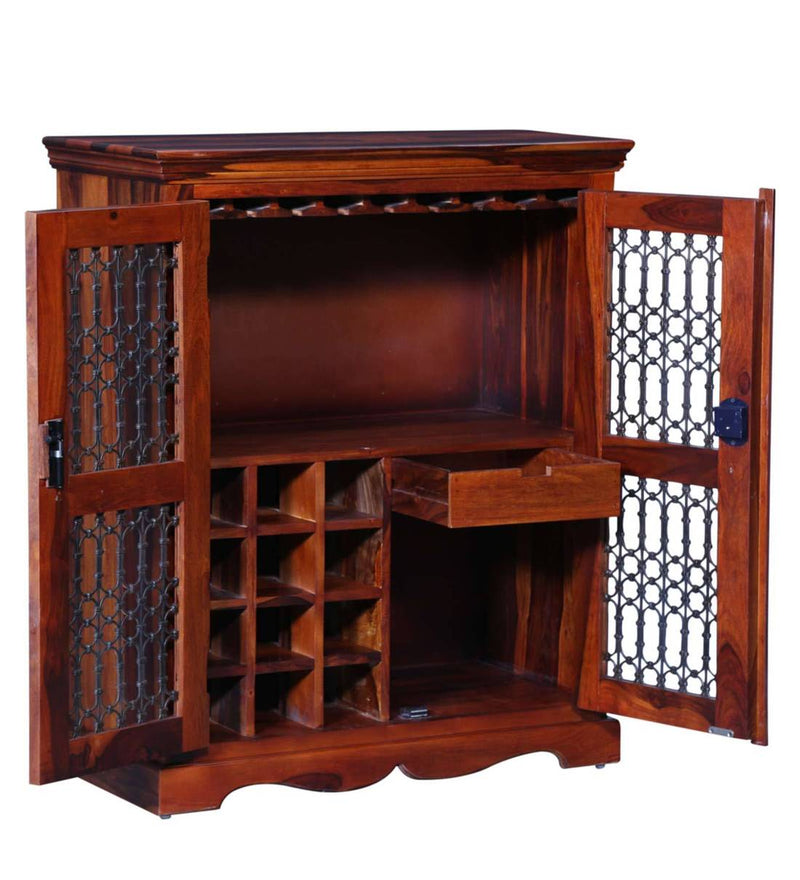 Saffron Solid Wood Bar Cabinet in Honey Oak Finish