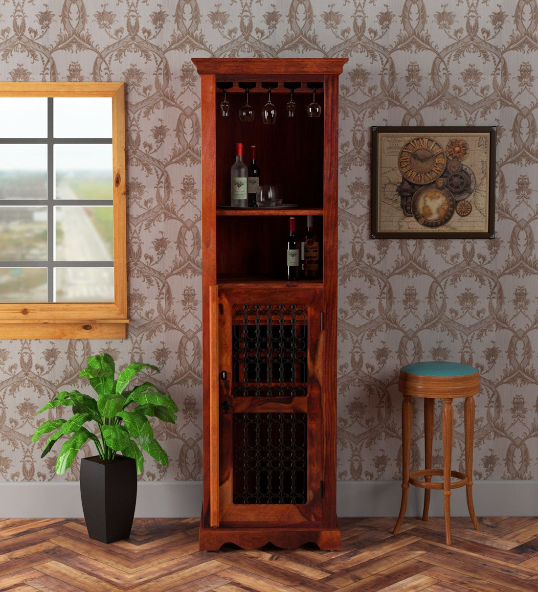 Saffron Solid Sheesham Wood Bar Unit in Honey Oak Finish - Rajwada Furnish