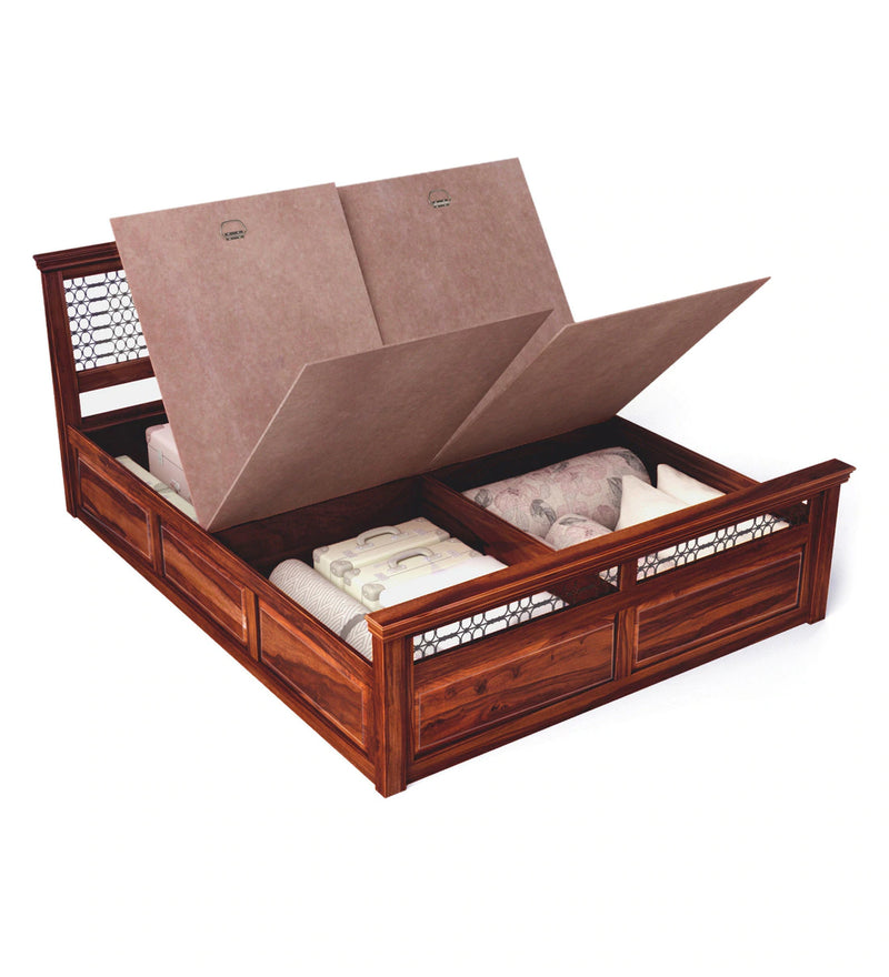 Saffron Sheesham Wooden Bed with Box Storage in Honey Oak Finish