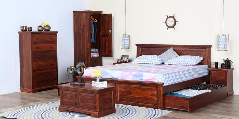 Kanishka Solid Sheesham Wood Double Bed with Drawer Storage  in Provincal Teak  Finish