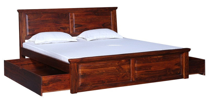 Kanishka Solid Sheesham Wood Double Bed with Drawer Storage  in Provincal Teak  Finish