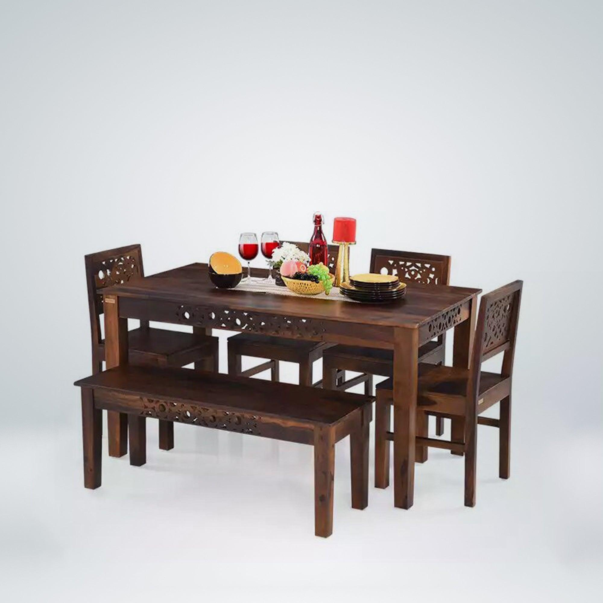 Wooden six seater dining set Oro with bench crafted from durable solid wood furniture