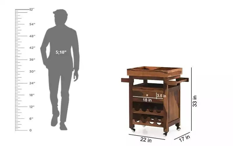 Wooden wine trolley in solid wood bar storage unit for bottles